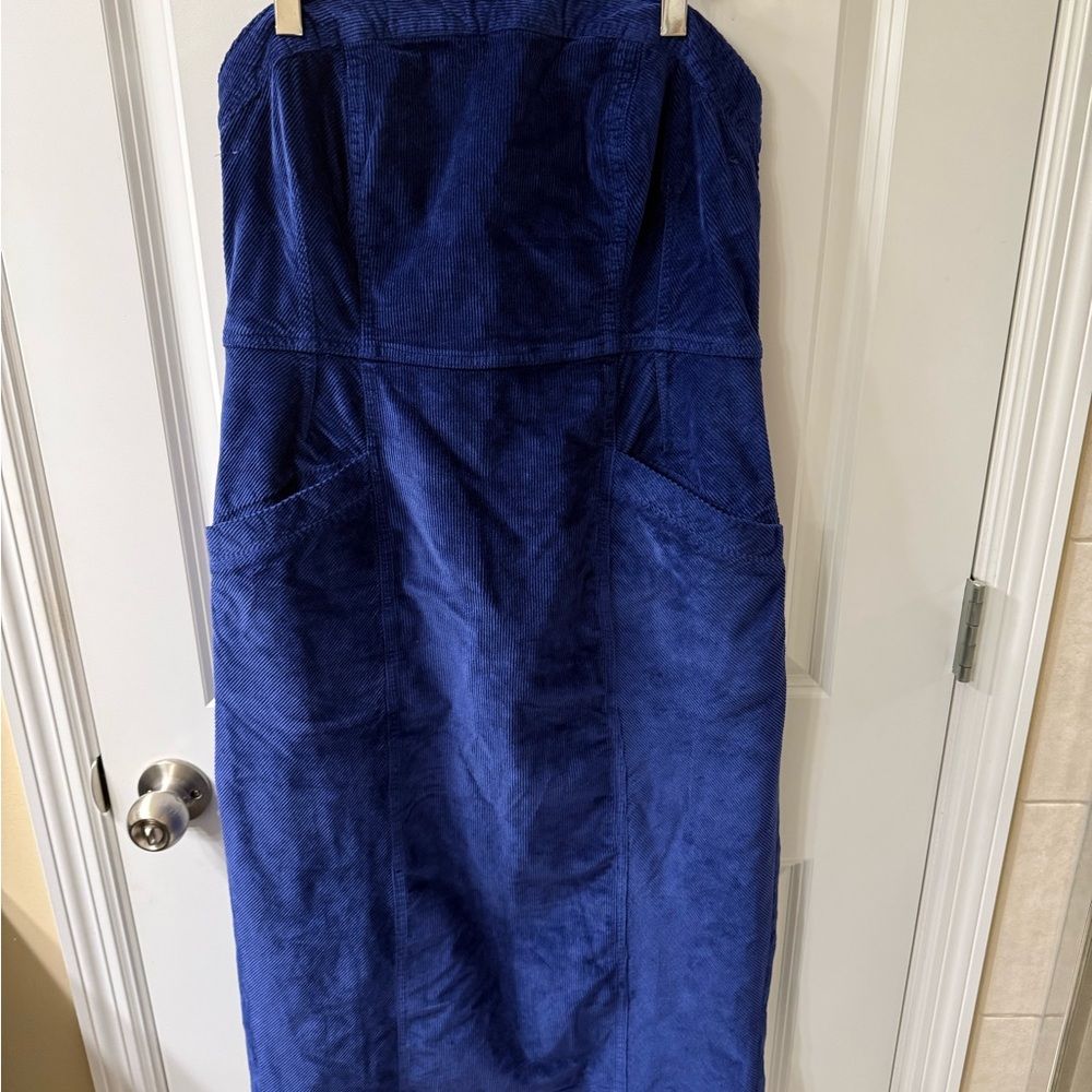 NWT Anthropologie Pilcro Strapless Corduroy Slim Midi Dress Blue - Picture 2 of 14